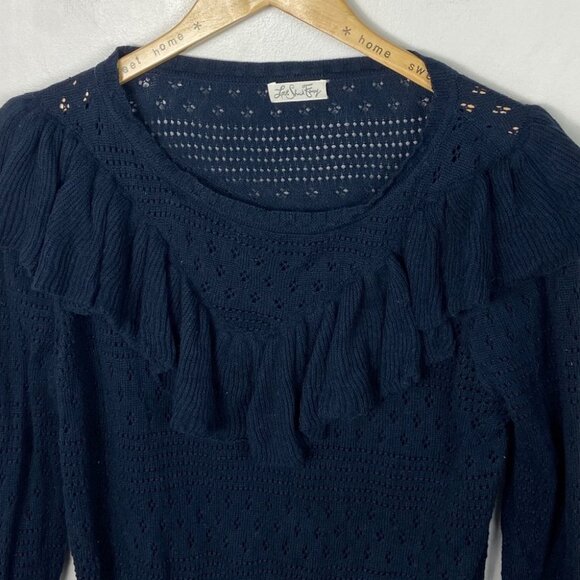 LoveShackFancy Alpaca Knit Sweater Blue Size Large Ruffle Navy Pointelle‎ Boho L - Picture 13 of 15